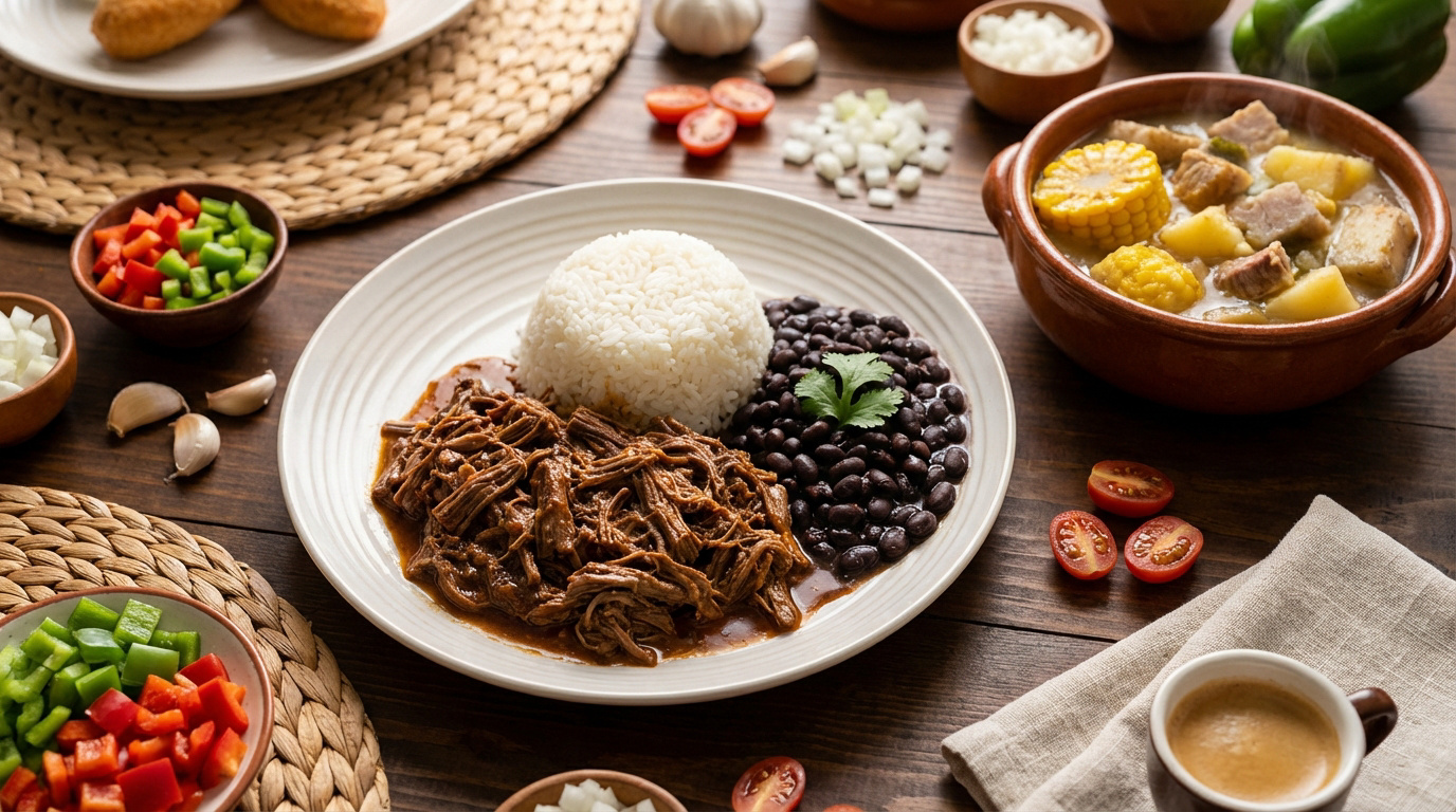 Assiette de Ropa Vieja, riz blanc et haricots noirs. Un ragoût, légumes frais coupés et café sont à côté.